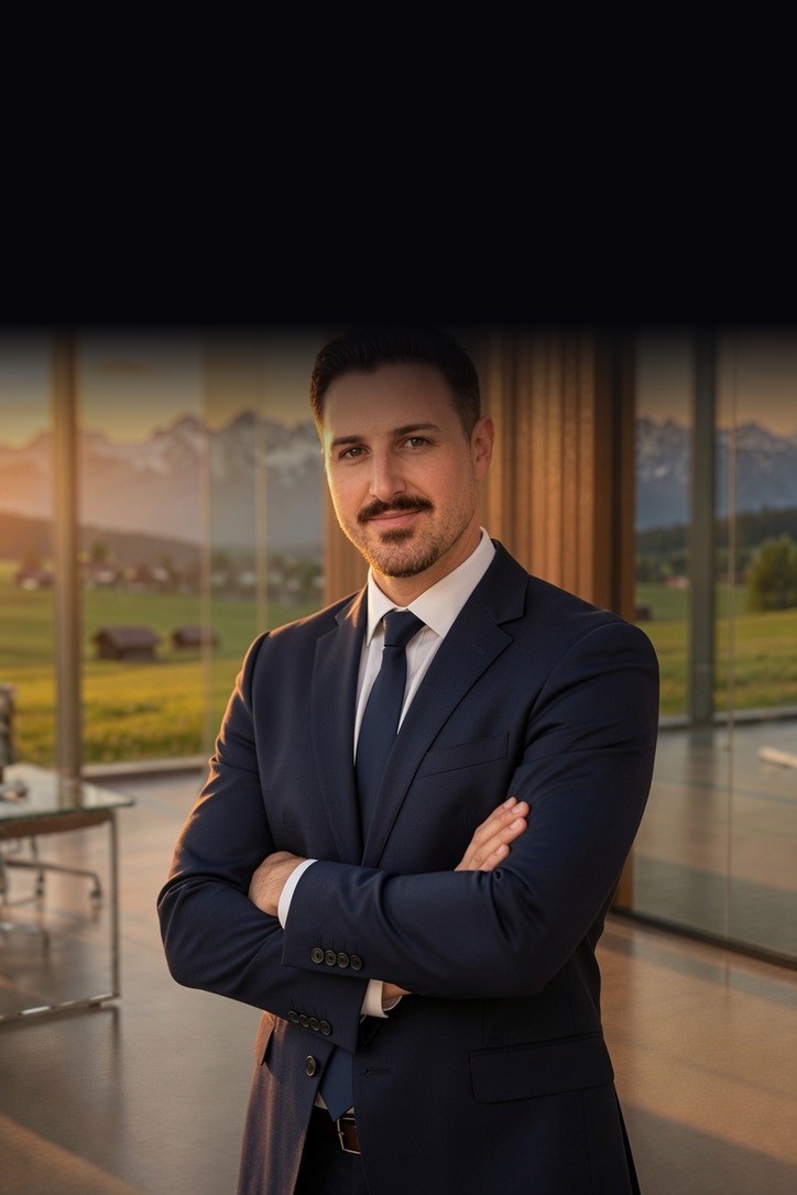 Dominic „Nick“ Wolf, Gründer von ScaleWise, im Büro mit Blick auf die bayerischen Alpen